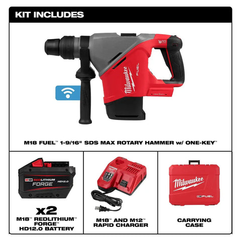 Milwaukee 2917-22HD M18 FUEL 1-9/16" SDS Max Rotary Hammer Kit with ONE KEY (2 Batteries, Charger)