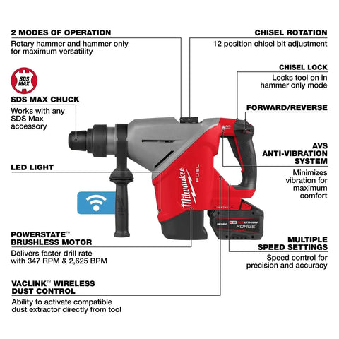 Milwaukee 2918-22HD M18 FUEL 1-3/4" SDS MAX Rotary Hammer Kit with ONE-KEY (2 Batteries, Charger)
