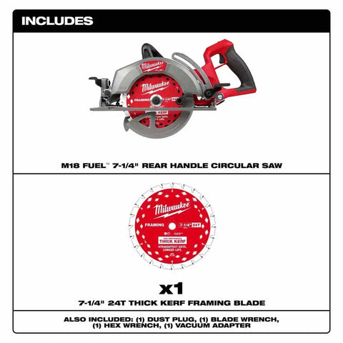 Milwaukee 2930-20 M18 FUEL 7-1/4" Rear Handle Circular Saw – Cordless, 2-5/8" Cut Capacity