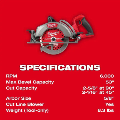 Milwaukee 2930-20 M18 FUEL 7-1/4" Rear Handle Circular Saw – Cordless, 2-5/8" Cut Capacity