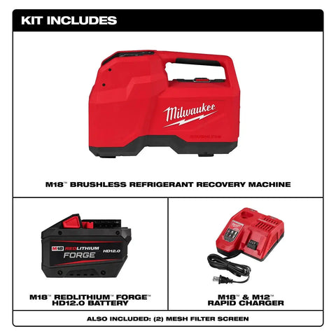 Milwaukee 2938-21 M18 Brushless Refrigerant Recovery Machine Kit with 12.0Ah Battery and Rapid Charger (2 Mesh Filter Screens)