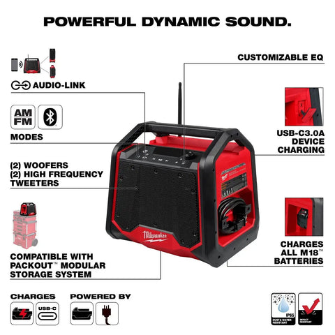 Milwaukee 2956-20 M18 Bluetooth Jobsite Radio and Charger with AUDIO-LINK and USB-C