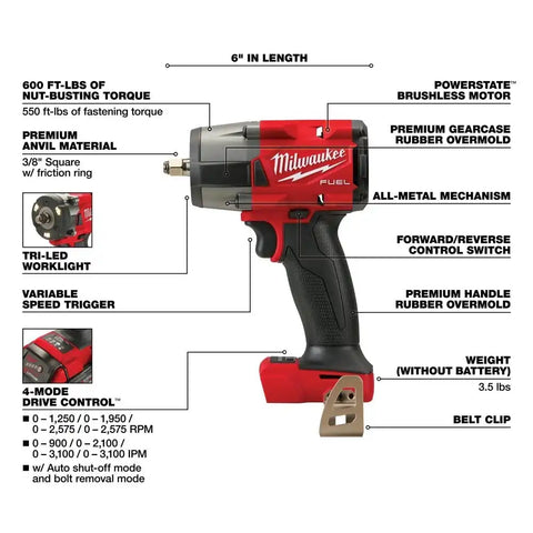 Milwaukee 2960-80 M18 FUEL 3/8" Mid-Torque Impact Wrench with Friction Ring Bare Tool Reconditioned