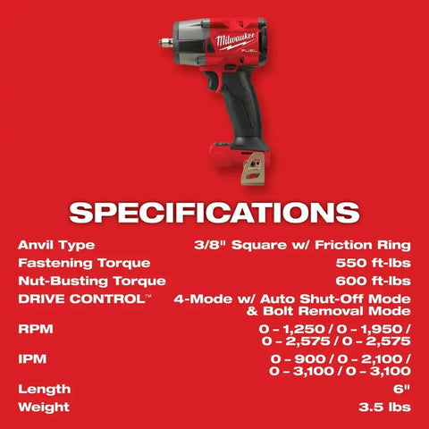 Milwaukee  2960-20  "M18 FUEL™ 3/8 " Mid-Torque Impact Wrench w/ Friction Ring Bare Tool "