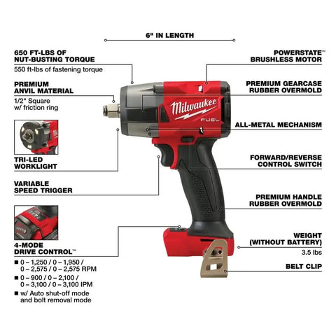 Milwaukee 2962-80 M18 FUEL™ 1/2" Mid-Torque Impact Wrench w/ Friction Ring Bare Tool (Reconditioned)