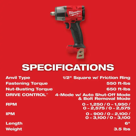 Milwaukee 2962-20 M18 FUEL™ 1/2" Mid-Torque Impact Wrench w/ Friction Ring Bare Tool