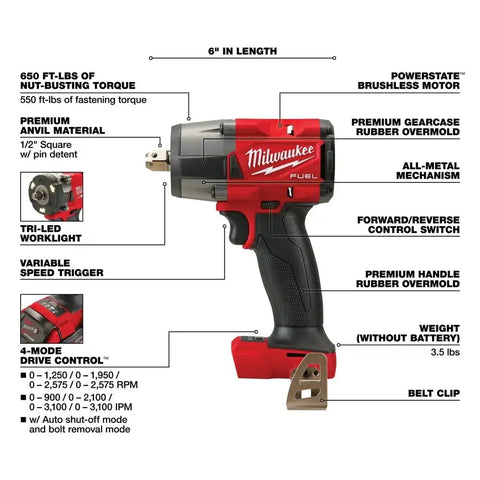 Milwaukee 2962P-20 M18 FUEL™ 1/2" Mid-Torque Impact Wrench w/ Pin Detent Bare Tool