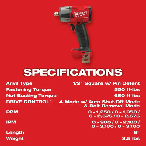 Milwaukee 2962P-20 M18 FUEL™ 1/2" Mid-Torque Impact Wrench w/ Pin Detent Bare Tool