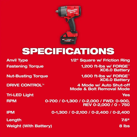 Milwaukee 2967-21F M18 FUEL 1/2" High Torque Impact Wrench w/ Friction Ring REDLITHIUM FORGE Kit