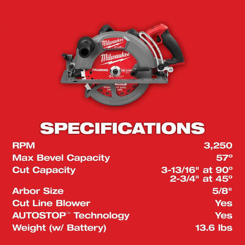 Milwaukee 3026-21HD M18 FUEL 10-1-4" Rear Handle Circular Saw Kit with Rapid Charger (12.0Ah Battery)