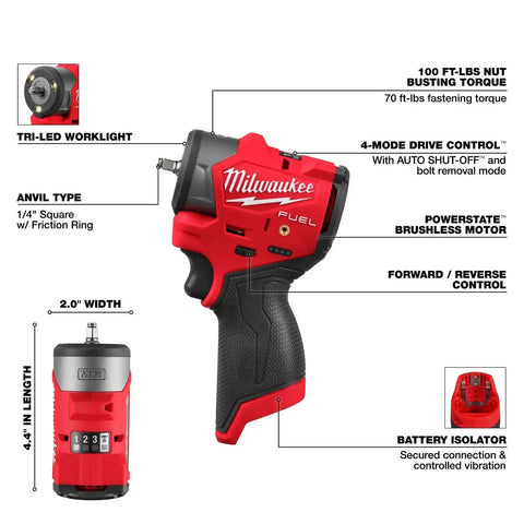 Milwaukee 3048-20 M12 FUEL 1/4" Subcompact Impact Wrench with Friction Ring