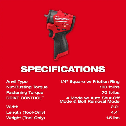 Milwaukee 3048-20 M12 FUEL 1/4" Subcompact Impact Wrench with Friction Ring