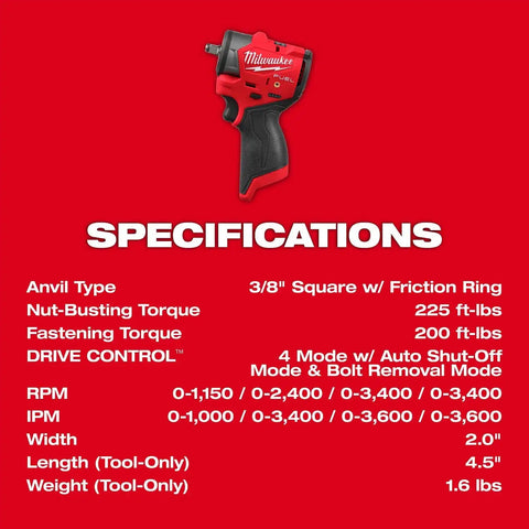Milwaukee 3049-20 M12 FUEL 3/8" Subcompact Impact Wrench with Friction Ring