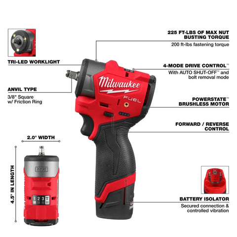 Milwaukee 3049-22 M12 FUEL 3/8" Subcompact Impact Wrench Kit with Friction Ring