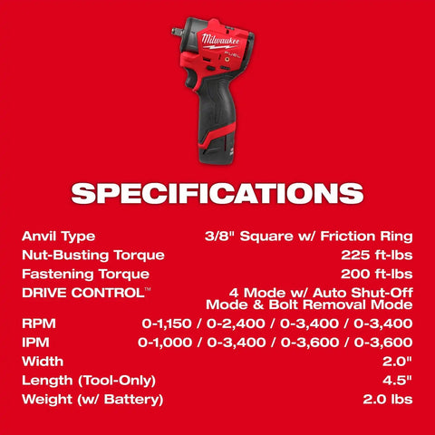 Milwaukee 3049-22 M12 FUEL 3/8" Subcompact Impact Wrench Kit with Friction Ring