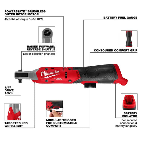 Milwaukee 3052-20 M12 FUEL 1/4 Inch Cordless Ratchet, 550 RPM, 45 ft-lbs, Compact Head (Bare Tool)