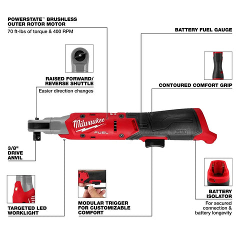 Milwaukee 3053-20 M12 FUEL 3/8 Inch Cordless Ratchet Bare Tool (No Battery or Charger)