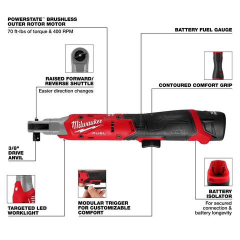 Milwaukee 3053-21 M12 FUEL 3/8 inch Cordless Ratchet Kit with Brushless Motor and 70 ft-lbs Torque (2.5Ah Battery)