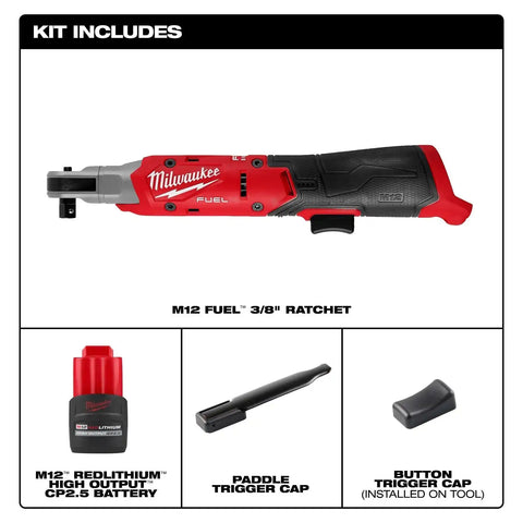 Milwaukee 3053-21 M12 FUEL 3/8 inch Cordless Ratchet Kit with Brushless Motor and 70 ft-lbs Torque (2.5Ah Battery)