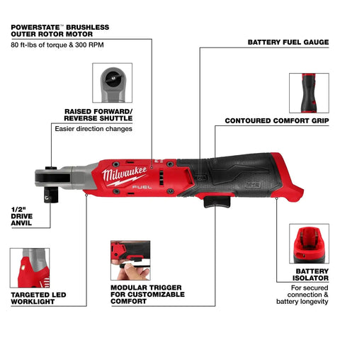 Milwaukee 3054-20 M12 FUEL 1/2 Inch Cordless Ratchet, 300 RPM, 80 ft-lbs, Compact Head (Bare Tool)