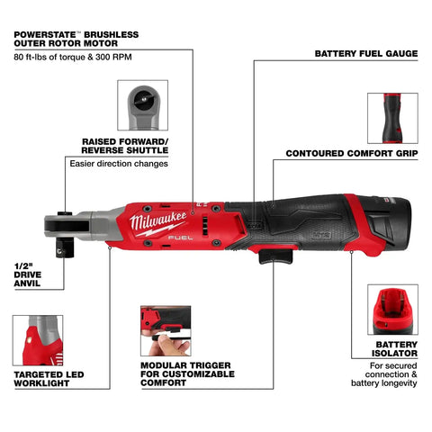 Milwaukee 3054-21 M12 FUEL 1/2 Inch Ratchet Kit with 80 ft-lbs torque and 300 RPM (2.5Ah Battery)
