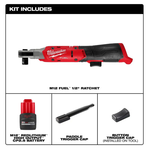 Milwaukee 3054-21 M12 FUEL 1/2 Inch Ratchet Kit with 80 ft-lbs torque and 300 RPM (2.5Ah Battery)