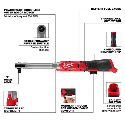 Milwaukee 3055-20 M12 FUEL Half" Extended Reach Cordless Ratchet (Tool Only)