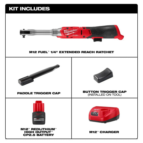 Milwaukee 3058-21 M12 FUEL 1/4" Extended Reach Ratchet Kit with 2.5Ah Battery and Charger