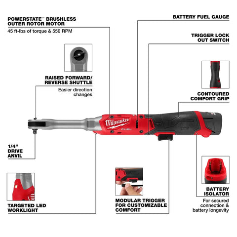 Milwaukee 3058-21 M12 FUEL 1/4" Extended Reach Ratchet Kit with 2.5Ah Battery and Charger