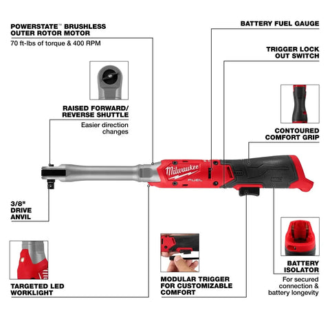 Milwaukee 3059-20 M12 FUEL 3/8" Extended Reach Cordless Ratchet Bare Tool