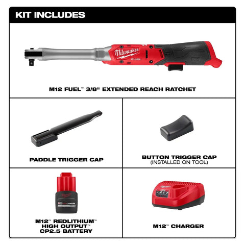 Milwaukee 3059-21 M12 FUEL 3/8" Extended Reach Ratchet Kit with 2.5Ah Battery and Charger