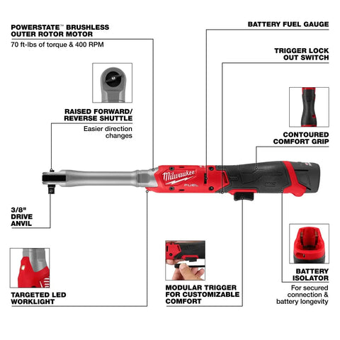 Milwaukee 3059-21 M12 FUEL 3/8" Extended Reach Ratchet Kit with 2.5Ah Battery and Charger