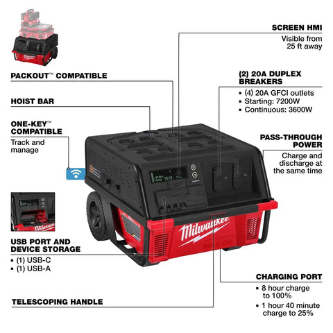 Milwaukee 3301R ROLL-ON 7200W 3600W 6.0kWh Portable Power Supply with Integrated Battery