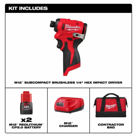 Milwaukee 3450-22 M12 Subcompact Brushless 1/4" Hex Impact Driver Kit