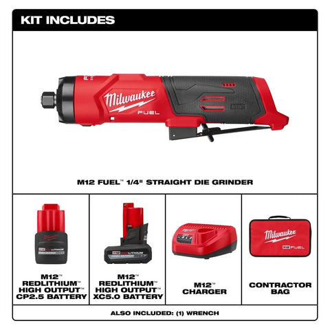 Milwaukee 3486-22 M12 FUEL 1/4" Straight Die Grinder Kit with 2 Batteries and Carrying Case