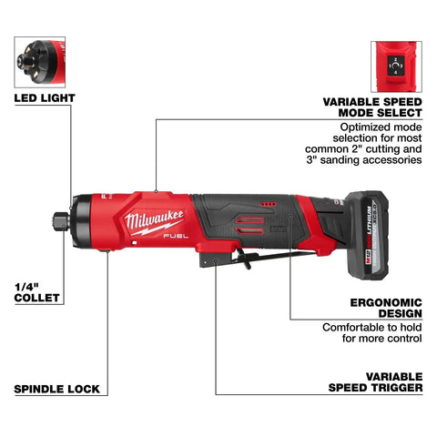 Milwaukee 3486-22 M12 FUEL 1/4" Straight Die Grinder Kit with 2 Batteries and Carrying Case