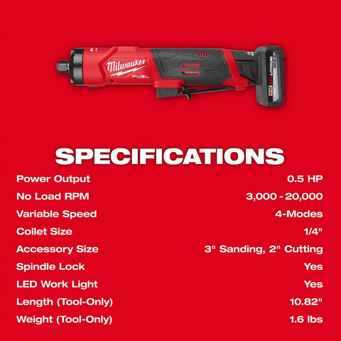 Milwaukee 3486-22 M12 FUEL 1/4" Straight Die Grinder Kit with 2 Batteries and Carrying Case