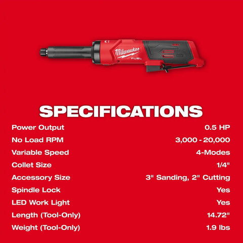 Milwaukee 3487-20 M12 FUEL 1/4" Extended Straight Die Grinder with 4" Shaft