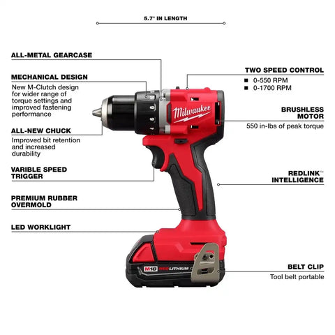 Milwaukee 3601-21CT M18 18V Compact Brushless 1/2" Drill Driver Kit 5.7" Length (Kit)