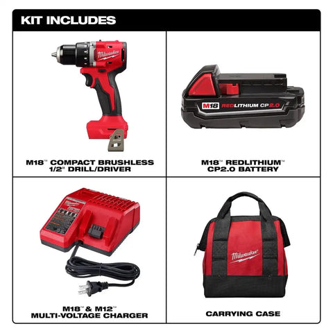 Milwaukee 3601-21CT M18 18V Compact Brushless 1/2" Drill Driver Kit 5.7" Length (Kit)