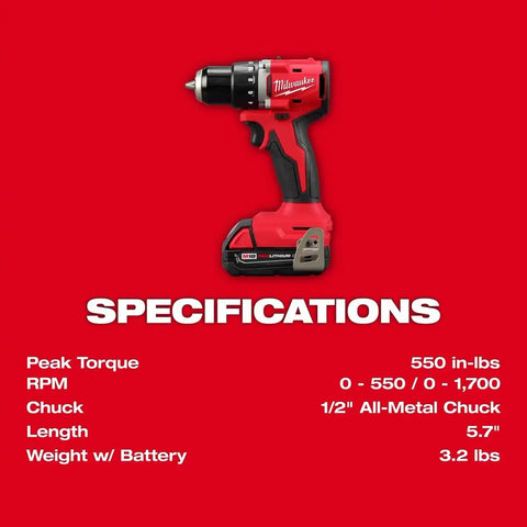 Milwaukee 3601-21CT M18 18V Compact Brushless 1/2" Drill Driver Kit 5.7" Length (Kit)