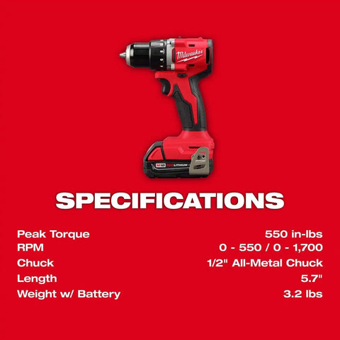 Milwaukee 3601-21CT M18 18V Compact Brushless 1/2" Drill Driver Kit 5.7" Length (Kit)