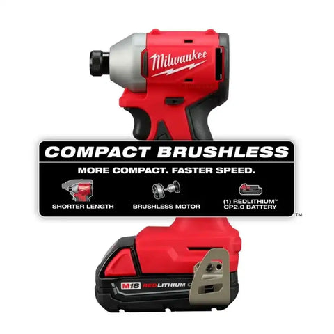 Milwaukee 3650-21CT M18 18V Compact Brushless 1/4" Hex Impact Driver Kit 4.4" L x 2.1" W (1 2.0Ah Battery, 1 Charger, 1 Contractor Bag)