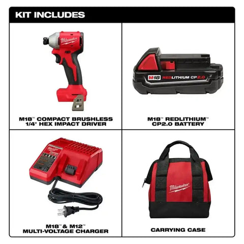 Milwaukee 3650-21CT M18 18V Compact Brushless 1/4" Hex Impact Driver Kit 4.4" L x 2.1" W (1 2.0Ah Battery, 1 Charger, 1 Contractor Bag)