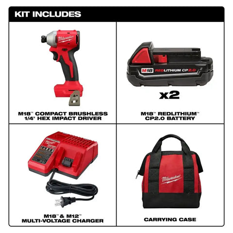 Milwaukee 3650-22CT M18 Compact Brushless 1/4" Hex Impact Driver Kit