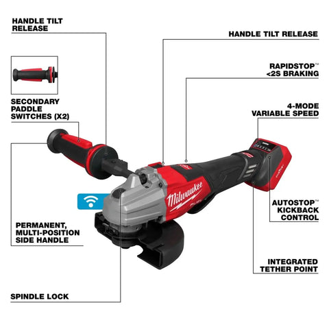Milwaukee 3676-20 M18 FUEL 4-1/2 to 6 in. Dual-Trigger Variable Speed Braking Angle Grinder, Paddle Switch w/ ONE-KEY