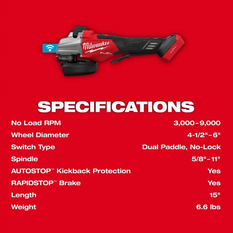 Milwaukee 3676-20 M18 FUEL 4-1/2 to 6 in. Dual-Trigger Variable Speed Braking Angle Grinder, Paddle Switch w/ ONE-KEY
