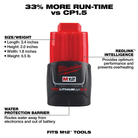 Milwaukee 48-11-2422 M12 REDLITHIUM CP2.0 Compact Battery (2 Pack)