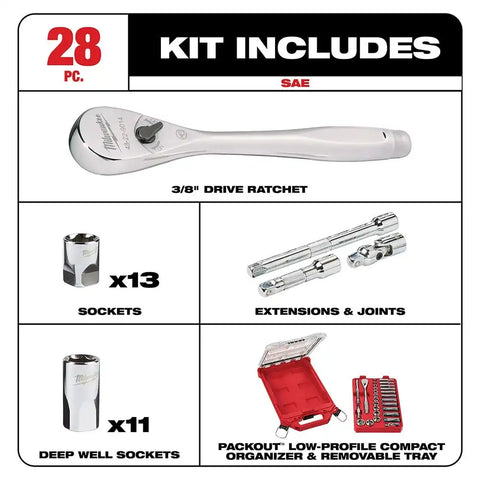 Milwaukee  48-22-9481 3/8” 28pc Ratchet and Socket Set in PACKOUT - SAE