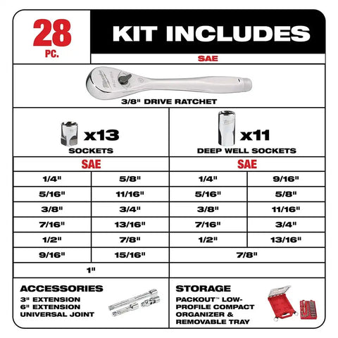 Milwaukee  48-22-9481 3/8” 28pc Ratchet and Socket Set in PACKOUT - SAE